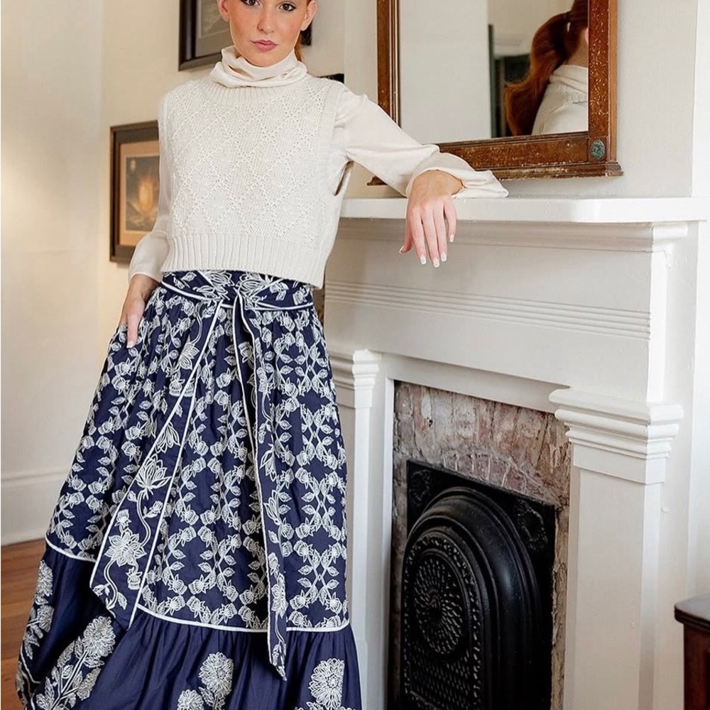 Sue Sartor Navy Embroidered Flounce Skirt